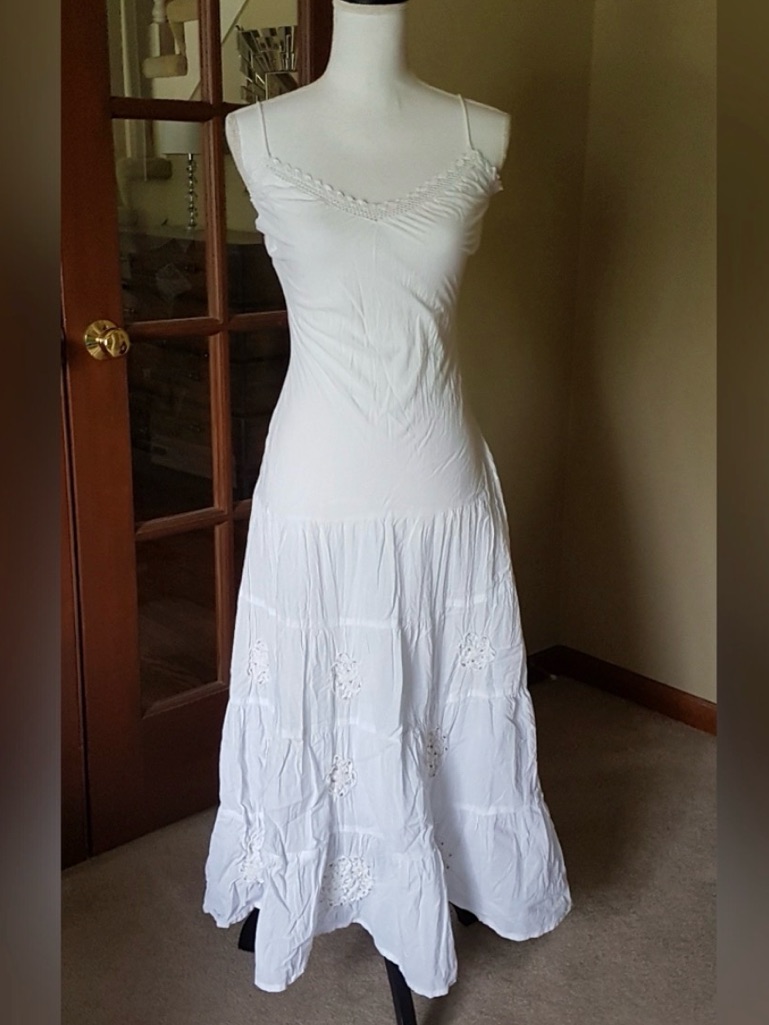 Zara Bright White Embroidered Spaghetti Strap Full Tiered Maxi Dress